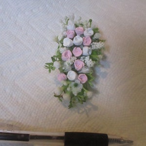 Miniature bridal doll bouquet/white and pink polymer/silk floral/greenery/3" x 1 1/2"/floral wire holder attachment