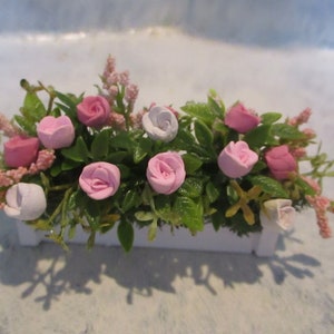 Miniature doll/dollhouse white wood window box/pink polymer roses/greenery