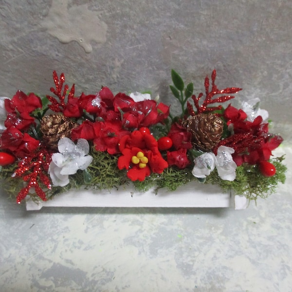 Miniature 3 1/2" doll/dollhouse Christmas Poinsettia window box/berries/silk sparkly white and red floral/pine cones