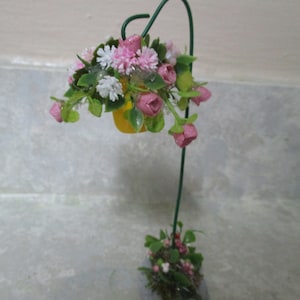 Miniature 5&quot;h Doll/Dollhouse Sheperds Hook with draping roses/carnations/ladybugs/polymer planter
