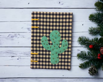 Beaded Cactus Notebook, Retro Travel Journal, Coptic Stitch Southwestern Style Lay Flat Diary, Handmade Gift for Boys, Hard Cover Blank Book