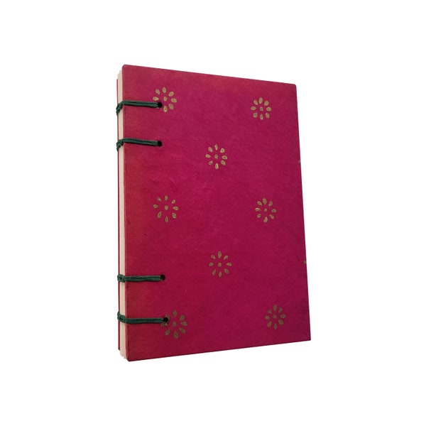 Journal de point copte en papier Lokta fuchsia, petites fleurs dorées sur rose cerise, carnet de notes A6, papier népalais fait main, cadeau de journal de yoga