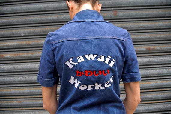 vintage embroidered denim shirt - "kawaii worker"