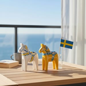 Pode incluir: Duas figuras de cavalos Dala, uma branca e uma amarela, ambas com padrões florais pintados em azul e amarelo. Uma pequena bandeira sueca num pau de madeira encontra-se dentro de uma garrafa de vidro transparente junto ao cavalo amarelo.