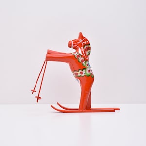 Rare Skiing Red Dala Horse, Limited Edition, hand-carved and painted in Sweden, Swedish Dala horse, Dalecarlian horse