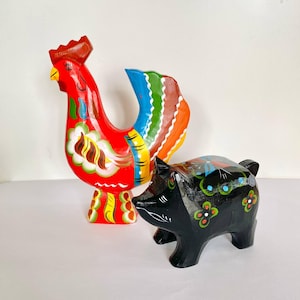 Dala Pig and Rooster, Hand-harved and painted in Sweden, Nordic decor, Scandinavian horse, Dalecarlian horse