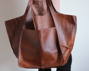 BROWN Cognac LEATHER Tote Bag, Slouchy Tote, Cognac Handbag for Women, Everyday Bag, Women leather bag, Weekender Oversized bag