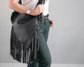 Black Crossbody Leather Bag, Boho Bag, Unique Boho Leather Purse, Leather Bag, Bag with Long Fringes, Crossbody Purse, Western Fringe Bag