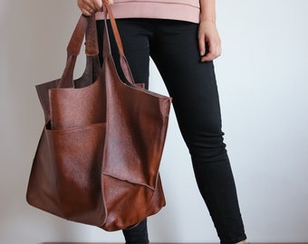 Weekender Oversized bag Large leather tote bag, Slouchy Tote, Cognac Handbag for Women, Soft Leather Bag, EveryDay Bag, Women leather bag