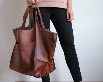 Weekender Oversized bag Large leather tote bag, Slouchy Tote, Cognac Brown Handbag for Women, Soft Leather Bag, Everyday Bag, Women bag