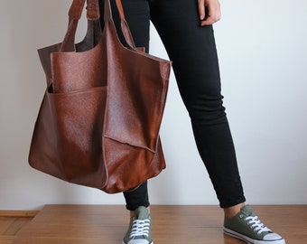 BROWN Oversized bag, Cognac Brown  Large leather tote, Everyday Bag, Women leather bag Slouchy Tote, Handbag for Women, Soft Leather Bag
