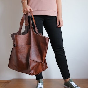 Weekender Oversized bag Large leather tote bag, Slouchy Tote, Cognac Brown Handbag for Women, Soft Leather Bag, Everyday Bag, Women bag image 1