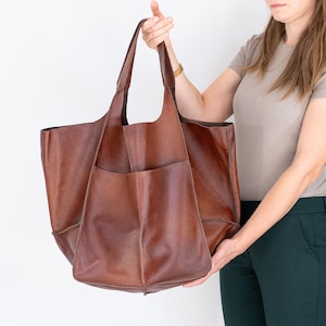 COGNAC LEATHER TOTE Bag, Large Slouchy Tote, Oversized Cognac Handbag for Women, Everyday Bag, Women leather bag, Weekender Bag