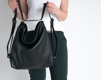 Black CONVERTIBLE Backpack, Leather BACKPACK PURSE, Black Shoulder Bag, Crossbody Leather Handbag, School Bag, Leather Hobo