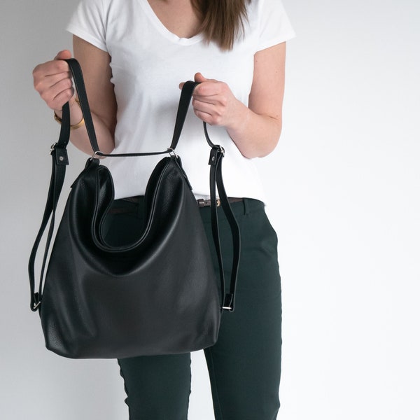 Zwarte CONVERTEERBARE rugzak, leren RUGZAK-PORTEMONNEE, zwarte schoudertas, crossbody leren handtas, schooltas, leren hobo