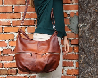 Cognac BROWN LEATHER HOBO Bag, Shoulder Bag, Cross Body Handbag, Hobo Leather Purse, Everyday Shopper Bag, Universal Bag