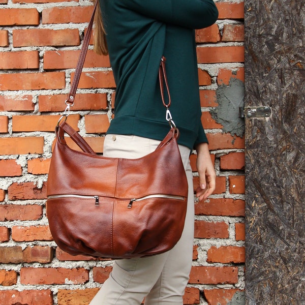 Cognac BROWN LEATHER HOBO Bag, Shoulder Bag, Cross Body Handbag, Hobo Leather Purse, Everyday Shopper Bag