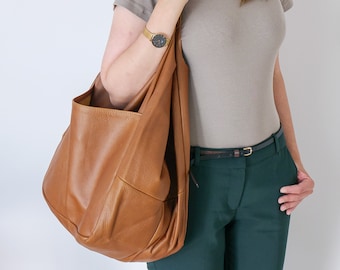 Brown Leather Handbag | Large Camel Tote | Roomy Slouchy Carryall | Women's Daily Shopper | Soft Shoulder Bag, Versatile Weekender, Big Tote