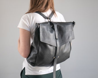 Large Convertible Backpack Purse, Black Carryall Bag, Big Travel Bag, Leather Shoulder Bag, Oversized Backpack Purse, Large Soft Handbag