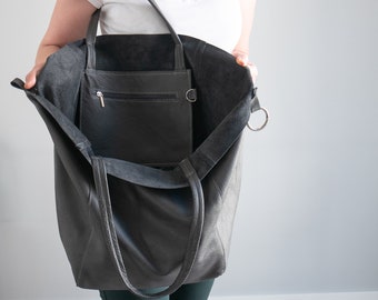 Graue OVERSIZE SHOPPER Tasche - Große Einkaufstasche - Große Einkaufstasche - Große Alltagstasche - Reisetasche - Graue Leder Umhängetasche