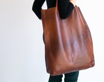 Cognac Leather Tote, Big Large Leather Tote, Shoulder Leather Bag, Oversize Leather Tote, Large Handbag, Leather Bag, Shopper Tote 21" X 20"