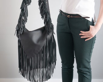 Black Crossbody Leather Bag, Boho Bag, Unique Boho Leather Purse, Leather Bag, Bag with Long Fringes, Crossbody Purse, Western Fringe Bag