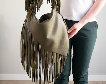 GREEN Crossbody Leather Bag, Olive Green Boho Bag, Leather Bag with Fringes, Western Style Bag, Boho Leather Purse, Long Fringes Hippe Bag