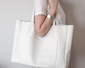 White Leather Tote Bag Large, Oversized Handmade Shoulder Bag, Minimalist Work Travel Purse, Everyday Shopper with Pockets, Big Shopping Bag