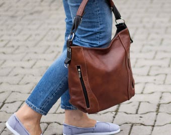 LEATHER HOBO Bag, SHOULDER Bag, Leather Purse, Cognac Brown Women's Handbag, Leather Handbag, Everyday Crossbody, Leather Bag, Leather