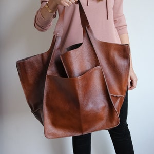 COGNAC LEATHER TOTE Bag, Large Slouchy Tote, Oversized Cognac Handbag for Women, Everyday Bag, Women leather bag, Weekender Bag