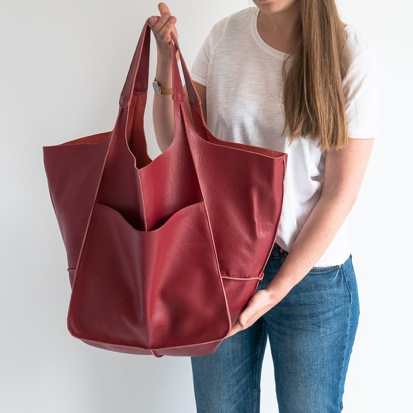 RED LEATHER TOTE, Slouchy Tote, Red Handbag for Women, Everyday Bag, Women leather bag, Weekender Oversized bag, Dark Red Leather Bag