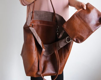 Cognac BROWN OVERSIZE SHOPPER Umhängetasche - Leder Schultertasche - Einkaufstasche - Große Handtasche für den Alltag - Reisetasche