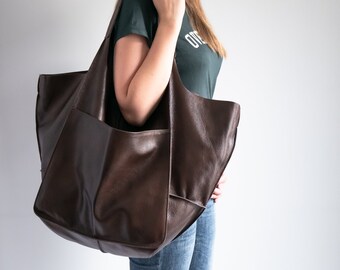 Dark BROWN LEATHER TOTE Bag, Slouchy Tote, Chocolate Brown Handbag for Women, Everyday Bag, Women leather bag, Weekender Oversized bag