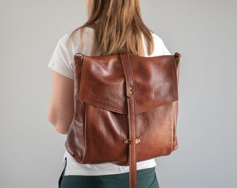 3in1 Convertible Bag, Cognac Brown LEATHER BACKPACK, Large Crossbody Bag, Big Shoulder Bag Travel Bag, Women's Handbag, Brown Weekender Bag