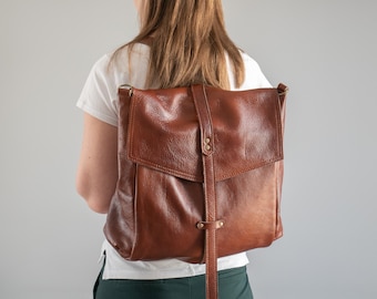 3in1 Convertible Bag, Cognac Brown LEATHER BACKPACK, Large Crossbody Bag, Big Shoulder Bag Travel Bag, Women's Handbag, Brown Weekender Bag