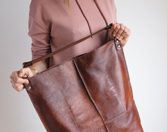 BROWN Leather Oversized HOBO Bag, Large Shopper Bag - Brown Large Purse - COGNAC Brown Leather Handbag - Everyday bag for women