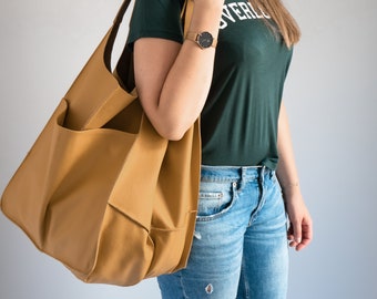 Mustard LEATHER TOTE Bag, Slouchy Tote, Yellow Handbag for Women, Everyday Bag, Women leather bag, Weekender Oversized bag