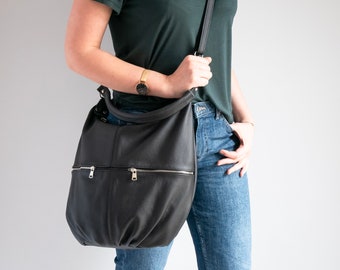 Black LEATHER HOBO Bag, Shoulder Bag, Cross Body Handbag, Hobo Leather Purse, Everyday Shopper Bag