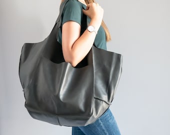 Gray LEATHER TOTE bag, Large Slouchy Tote, Dark Grey Handbag for Women, Everyday Bag, Women leather bag, Weekender Oversized bag