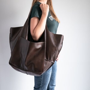 Dark BROWN LEATHER TOTE Bag, Slouchy Tote, Chocolate Brown Handbag for ...