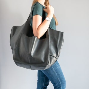 Gray LEATHER TOTE Bag Large Slouchy Tote Dark Grey Handbag - Etsy