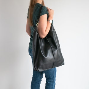 BLACK Leather Oversized HOBO Bag, Large Shopper Bag Black Large Purse BLACK Leather Handbag Everyday bag for women image 1