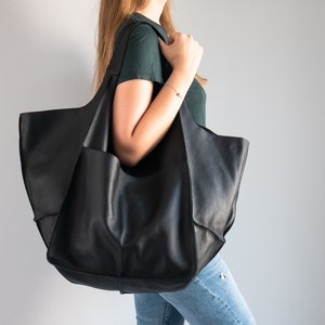 BLACK Shoulder bag, Weekender Oversized bag, Slouchy Tote, Black Handbag for Women, Soft Leather Bag, Everyday Bag, Women leather bag image 3