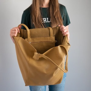 Yellow OVERSIZED LEATHER TOTE Bag | Extra Large Shopper | Leather Shoulder Bag + Detachable Cosmetic Pouch | Yellow Mustard Travel Handbag