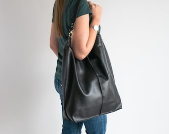 BLACK Leather Oversized HOBO Bag, Shopper Bag - Schwarze große Geldbörse - Schwarze Lederhandtasche - Alltagstasche für Frauen