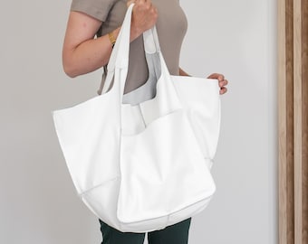 WHITE LEATHER TOTE Bag, Slouchy Tote, Pure White Handbag for Women, Everyday Bag, Women leather bag, Weekender Oversized bag