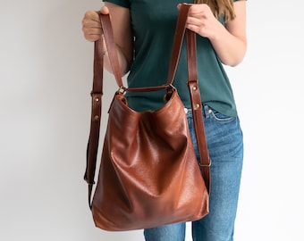 Cognac Brown CONVERTIBLE Backpack, Leather BACKPACK PURSE, Shoulder Bag, Crossbody Leather Handbag, School Bag, Cognac Leather Bag