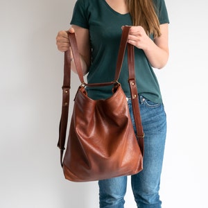 Sac à dos convertible marron cognac, sac à main en cuir, sac à bandoulière, sac à main en cuir bandoulière, cartable, sac en cuir cognac
