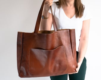 COGNAC BROWN OVERSIZE Shopper Bag, Large Tote Bag, Leather Shopper, Shopping Bag, Xxl Handbag, Everyday Tote, Leather Handbag, Big Pocket