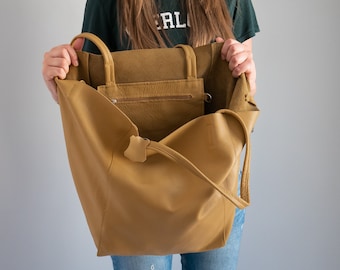 Yellow OVERSIZED LEATHER TOTE Bag | Extra Large Shopper | Leather Shoulder Bag + Detachable Cosmetic Pouch | Yellow Mustard Travel Handbag